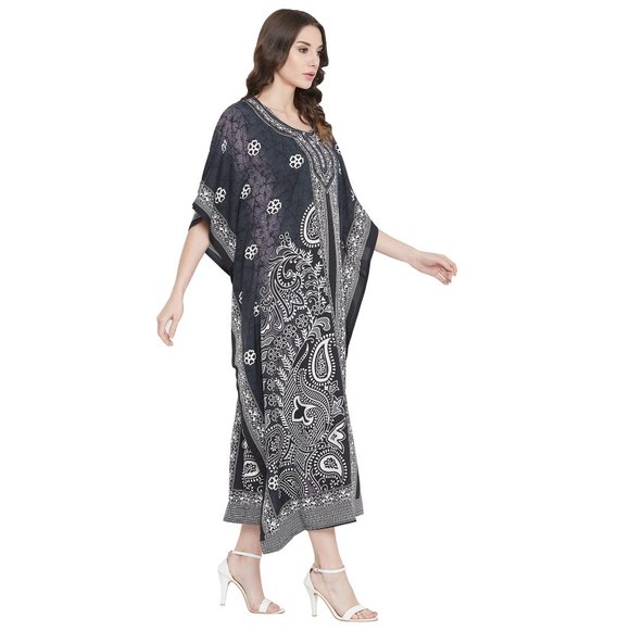 Women Plus Size Fit and Flare Paisley Printed Black Kaftan Dress by Gypsie Blu - Picture 5 of 9